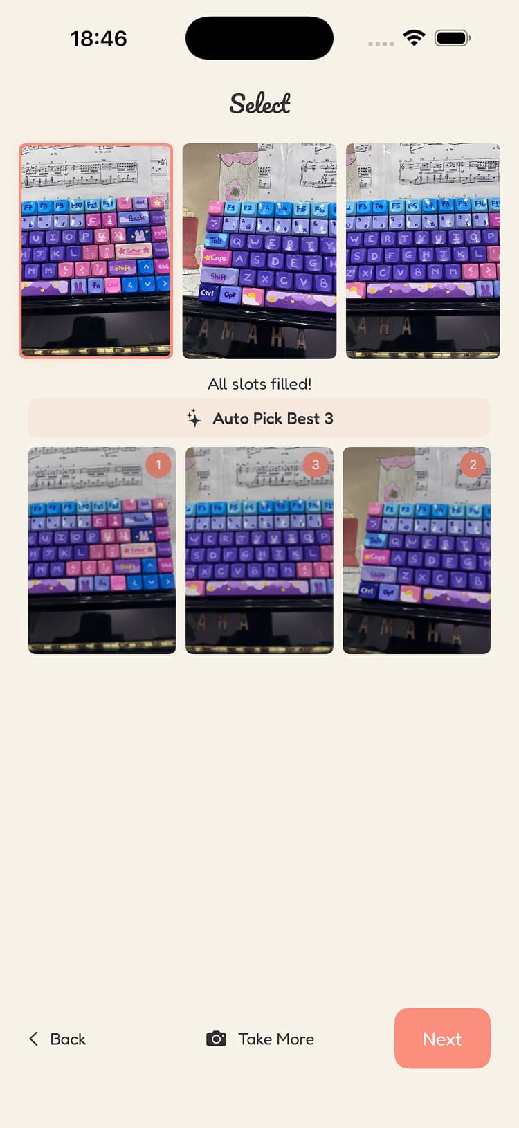 Pixaroo photo selection screen with Auto Pick Best 3 and triple frame slots