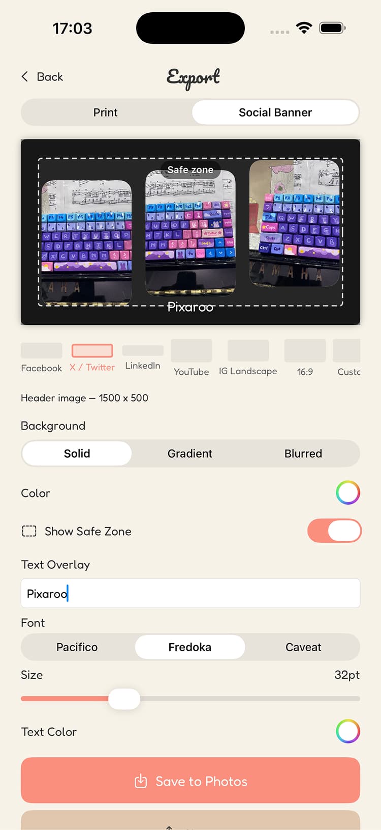 Pixaroo export screen with social banner presets and text overlay options