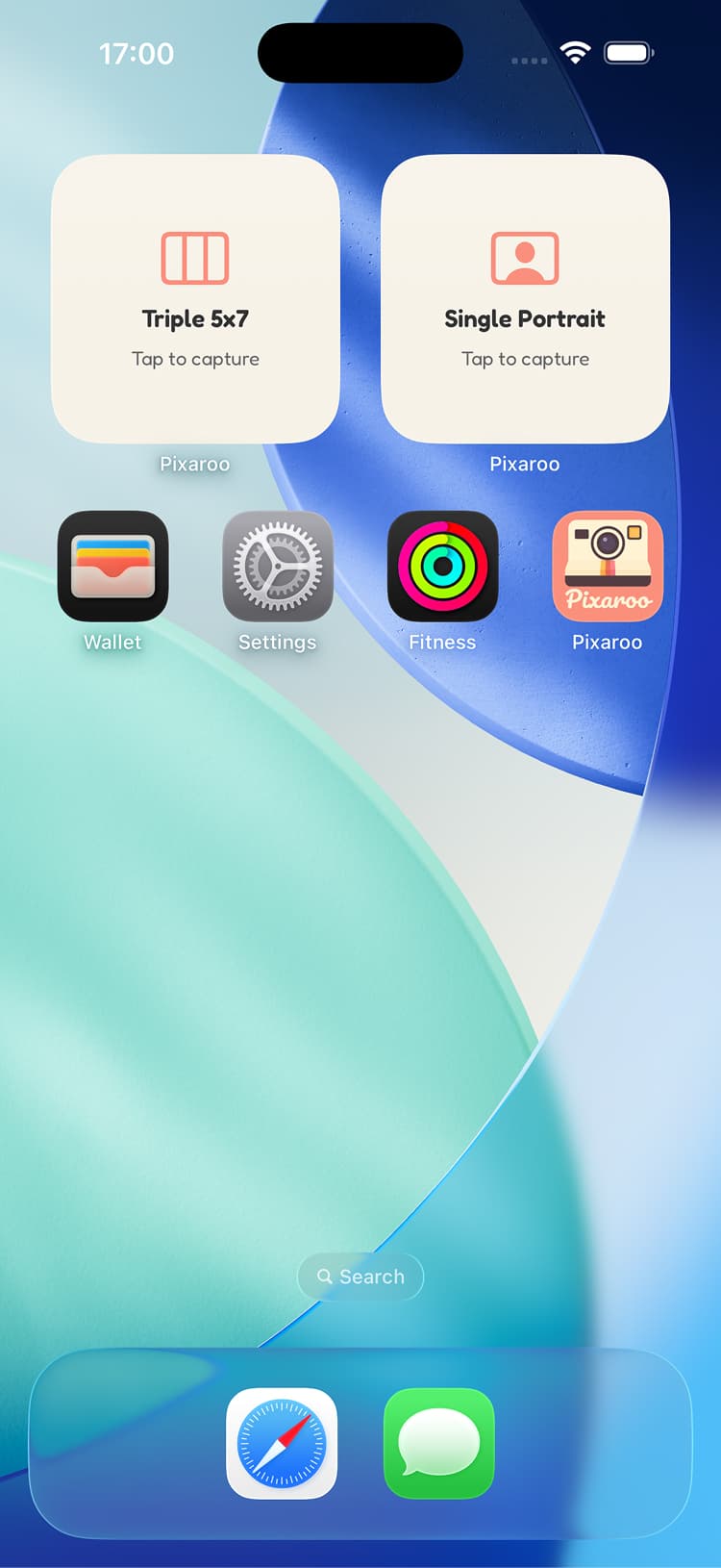 iPhone home screen showing Pixaroo quick-capture widgets